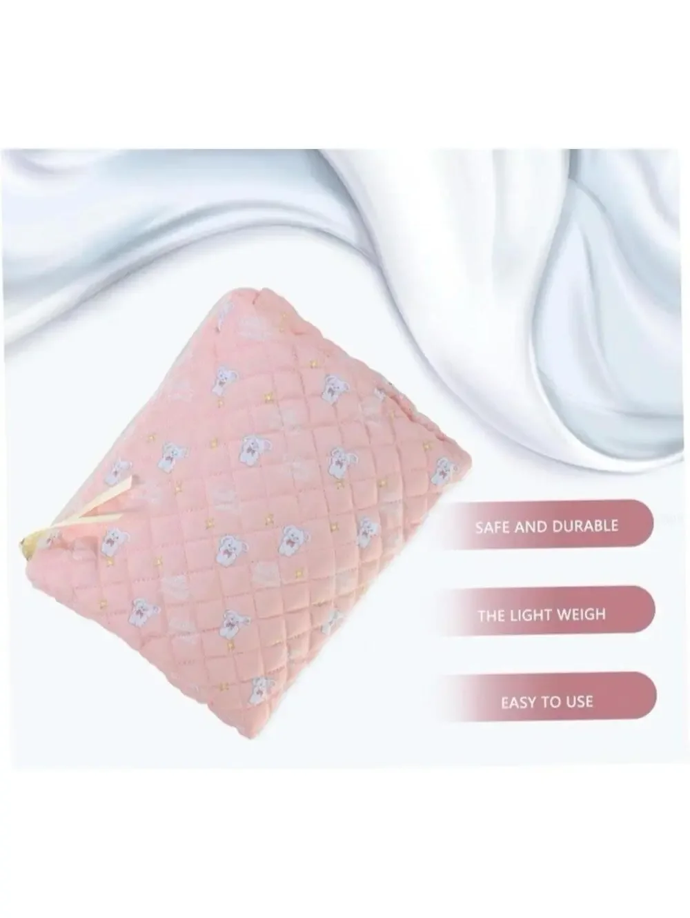 Quilted Kawaii Pink Rabbit Makeup Bag Soft Cute Toiletry Cosmetic Travel Pouch